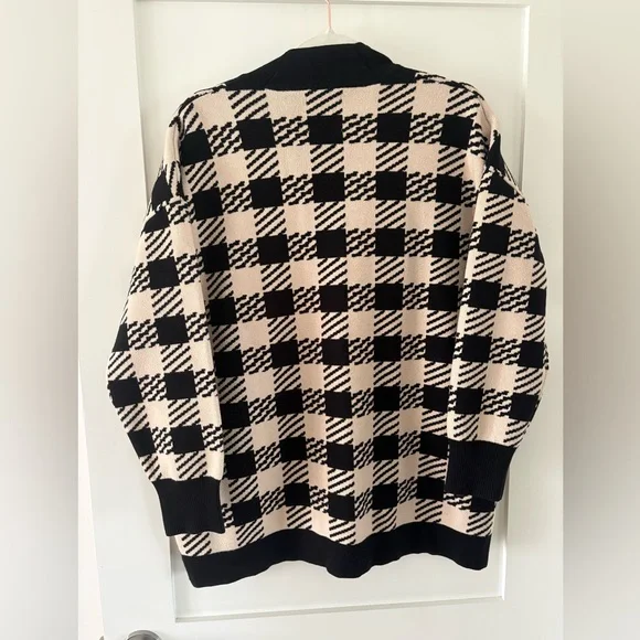 Sandro Checkered Knit Cardigan oversized Black Cream Gold Button V‑neck - Picture 2 of 7